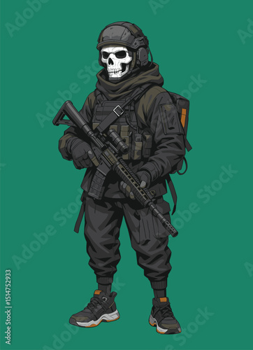 Tactical Skull Mask Soldier with Rifle – Special Forces Military Illustration on Green Background