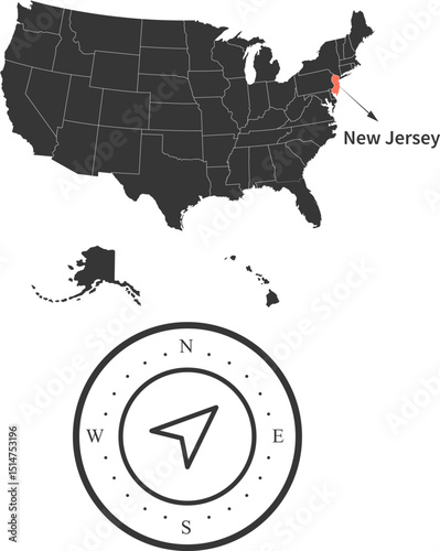 New Jersey state of USA. New Jersey territory and detailed silhouette. New Jersey's location in relation to a compass