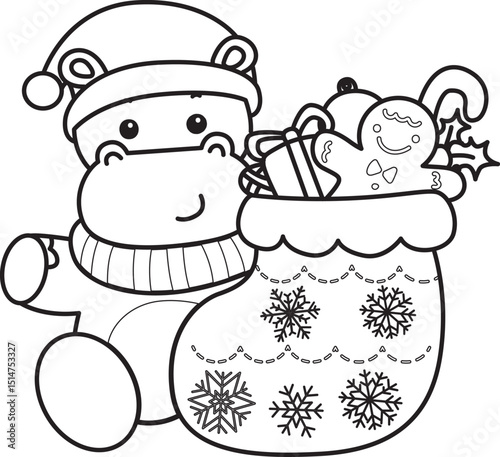 Outline of Cute hippo icon. Lineart of Funny baby hippo animal series stock illustration. life of fluffy hippo designs.