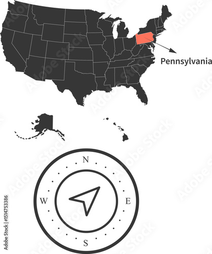 Pennsylvania state of USA. Pennsylvania territory and detailed silhouette. Pennsylvania's location in relation to a compass