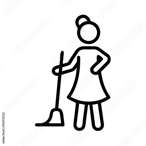 Woman cleaning with a broom in a minimal linear vector style  