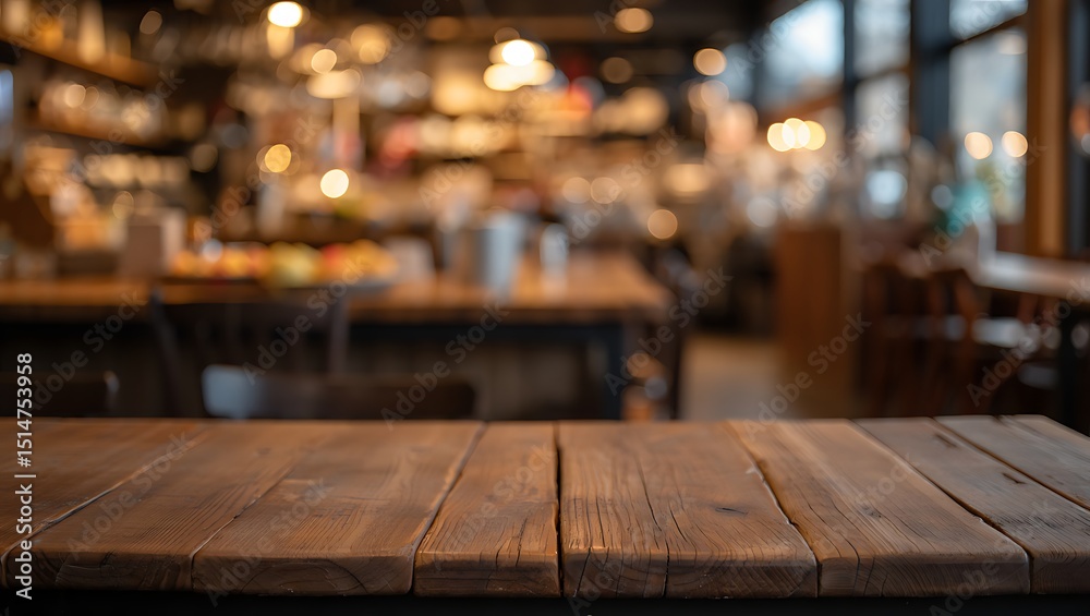 Rustic wooden table in blurred cozy cafe background Rustic wooden table in blurred cozy cafe background