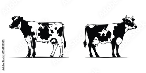 Minimal Black Cow Silhouette Standing Pose, Simple Farm Pet Animal Illustration