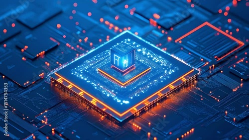Futuristic AI Circuit Board with Glowing Processor. Video Generative AI.