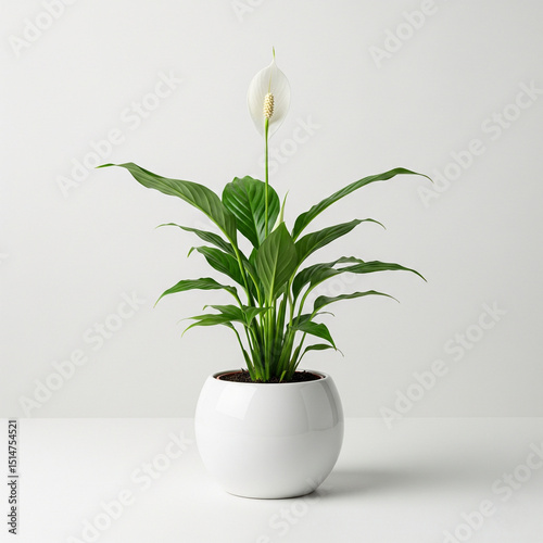 Peace lily in white round pot isolated on white background photo