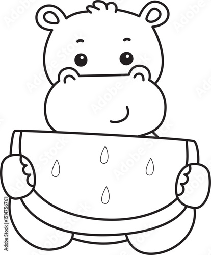 Outline of Cute hippo icon. Lineart of Funny baby hippo animal series stock illustration. life of fluffy hippo designs.