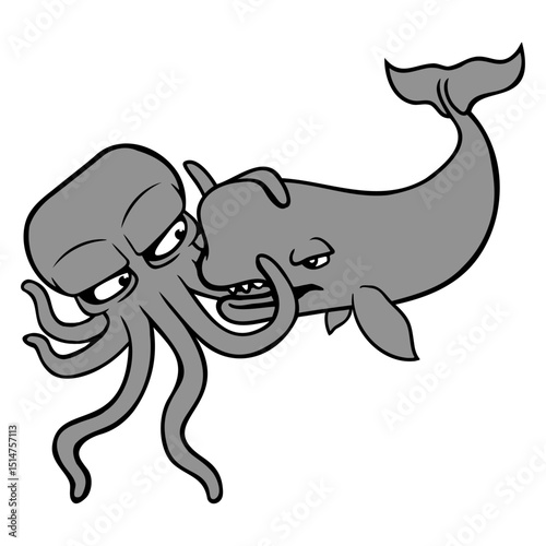 Octopus whale fighting deep sea monster spermwhale Isolated Vector Graphic Design Illustration
