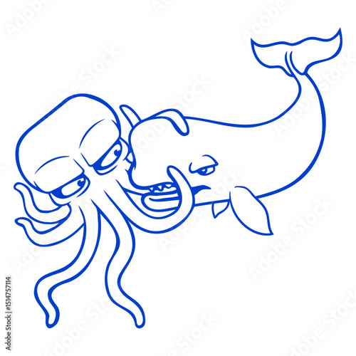 Octopus whale fighting deep sea monster spermwhale Isolated Vector Graphic Design Illustration
