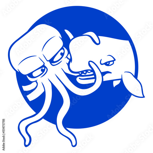 Octopus whale fighting deep sea monster spermwhale Isolated Vector Graphic Design Illustration
