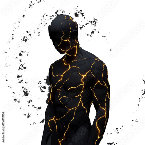 Dark human figure with glowing orange lightning veins in silhouette form, depicting power, inner strength, and energy flow with high-contrast abstract electric body structure