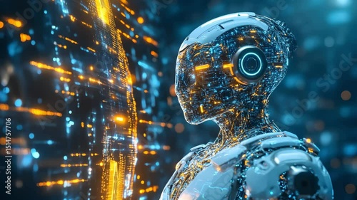 Futuristic Robot Interacting with Digital Interface. Video Generative AI.