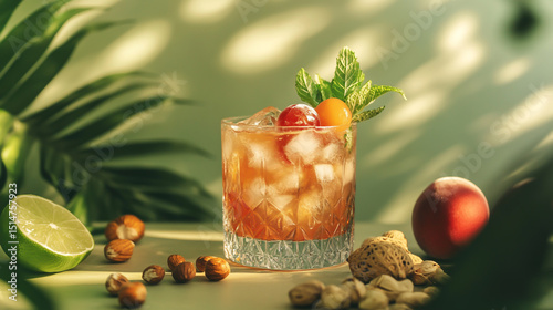 Fototapeta Naklejka Na Ścianę i Meble -  Photo of an apricot amaretto cocktail with ice, mint, and fresh fruits on the table with sunlit lighting and a green background.