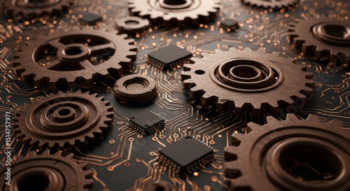 3D Rendering Brown Gears Copper Circuit Board Technology Innovation