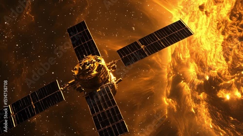 Satellite Closely Observing the Sun's Fiery Surface. Video Generative AI.