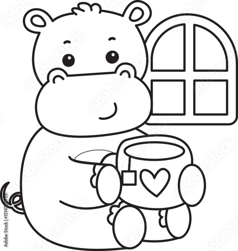 Outline of Cute hippo icon. Lineart of Funny baby hippo animal series stock illustration. life of fluffy hippo designs.
