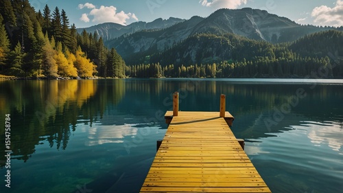 Tranquil Turquoise Lake with Yellow Dock and Nature Reflections V2