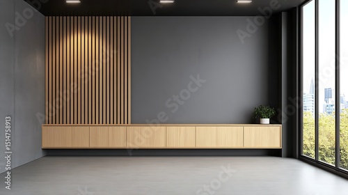 Modern minimalist interior design with wooden wall feature and large windows showcasing a city view
