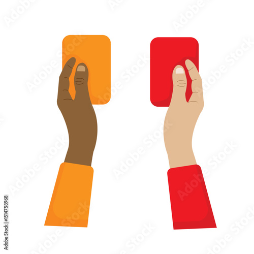 vector hand holding red card and yellow card shown in sports game