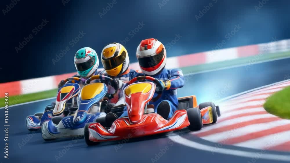 Three male go-kart racer compete on track with motion blur. Sport competition karting race. Extreme speed and adrenaline game play footage.