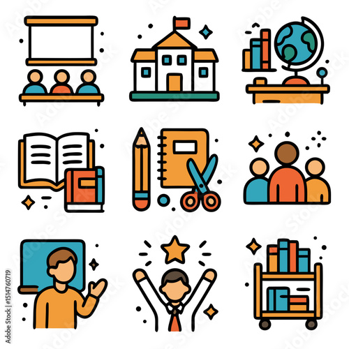 Colorful Education Icons: Students, Teachers, Books and Learning