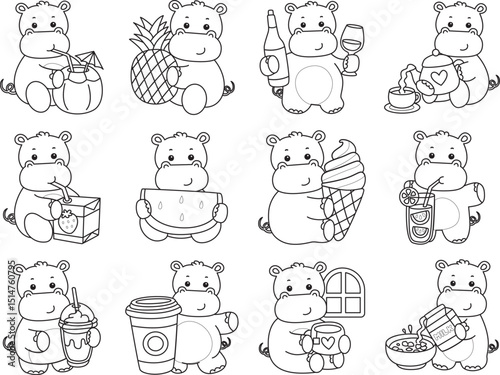 Outline of Cute hippo icon. Lineart of Funny baby hippo animal series stock illustration. life of fluffy hippo designs.