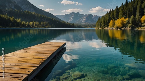 Tranquil Turquoise Lake with Yellow Dock and Nature Reflections V6