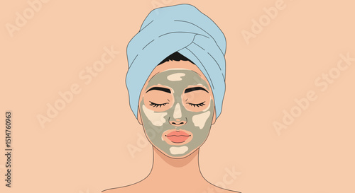 woman with green clay mask and towel, relaxed mood, for skincare advertising and cosmetics industry