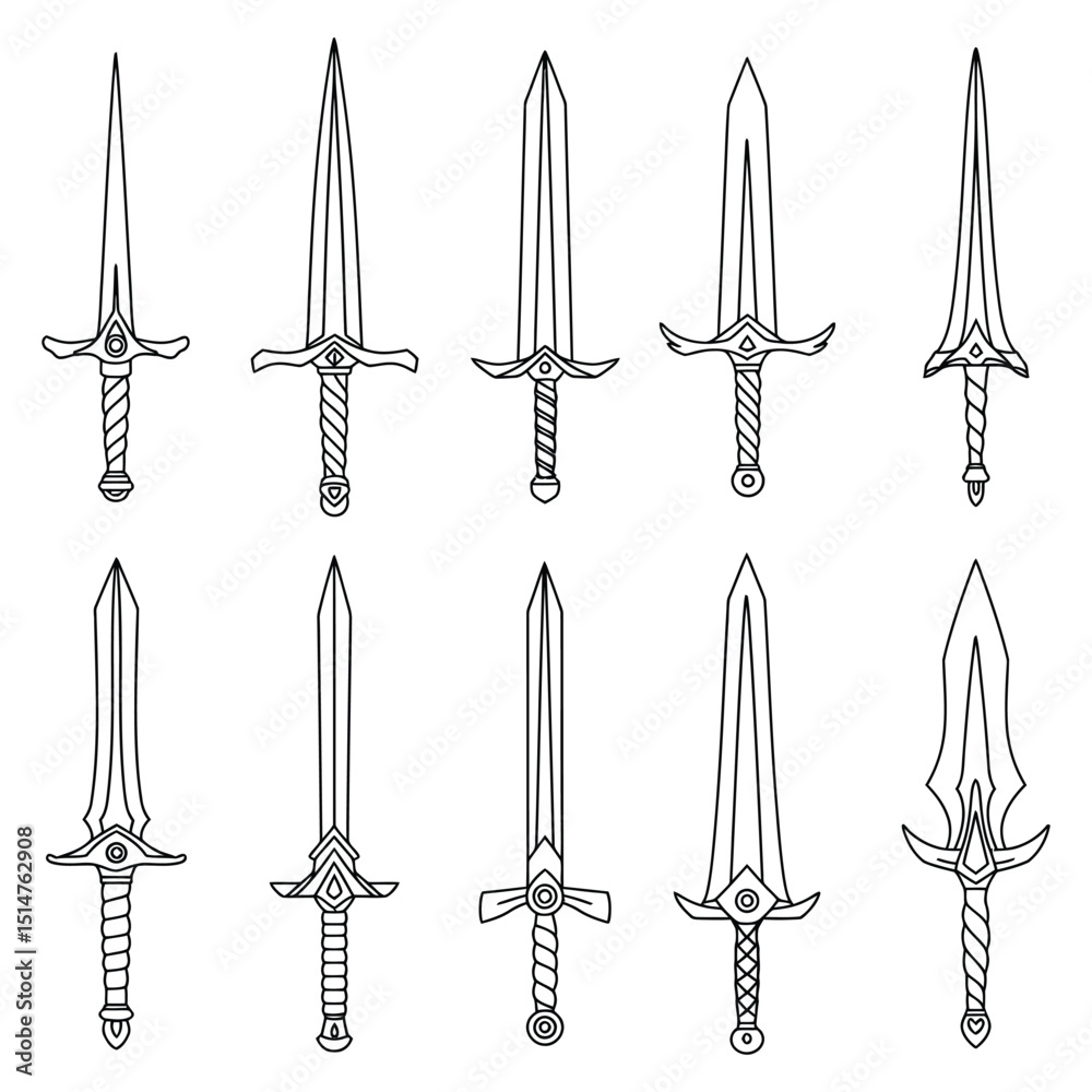 Medieval Swords Outline Set - Fantasy & Weaponry Line Art Vector Icons Medieval Swords Outline Set - Fantasy & Weaponry Line Art Vector Icons