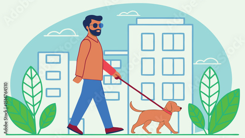 Stylish bearded man joyfully walks his dog in a minimalist urban scene