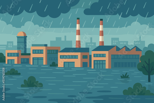 Flooded industrial area vector illustration. Factories underwater during heavy rainstorm. Climate change disaster, environmental damage concept. Industrial buildings, pollution, floodwater.