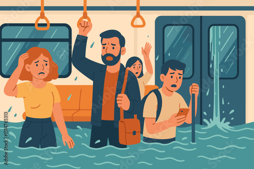 People trapped in flooded subway car illustration. Scared passengers in rising water in metro train. Public transport emergency, climate change flood, urban disaster vector graphic.