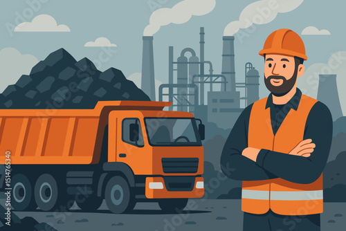 Coal mining industry worker, dumper truck with load, factory background. Vector illustration of coal truck driver, heavy machinery, industrial plant. Energy sector, fossil fuel concept, logistics.