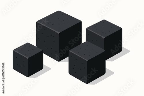 Charcoal cubes isometric illustration. Textured 3D blocks with shadows. Minimalist geometric shapes. Dark grey abstract design elements. Modern vector graphic isolated on white background.