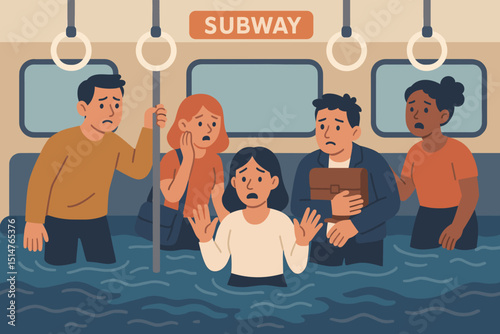 Flooded subway car with diverse, scared passengers in deep water. Metro train flooding disaster, urban emergency. Climate change impact, public transport risk, commuter panic.