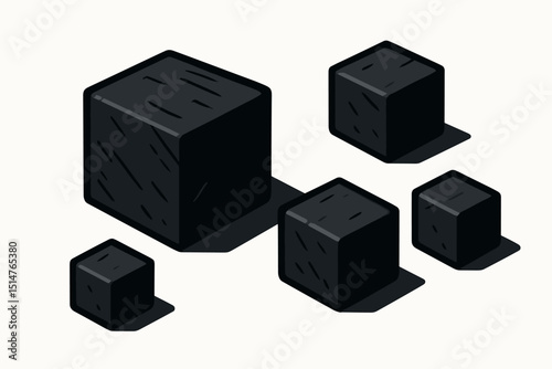 Isometric black charcoal cubes set. 3D textured stone blocks with shadows vector illustration. Abstract geometric dark mineral rock icons. Modern minimalist art design elements collection.