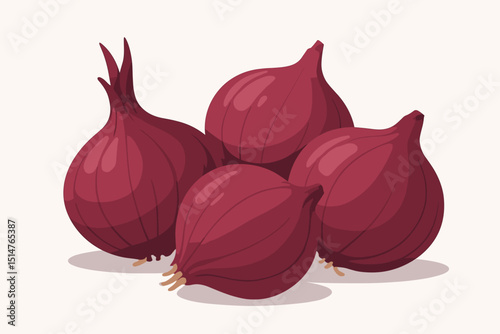 Vibrant red onions vector illustration. Group of whole raw purple onion bulbs. Healthy organic vegetable for cooking, culinary ingredient. Farm market produce, natural food for vegetarian diet.
