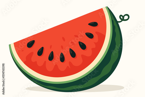 Watermelon slice vector illustration. Fresh juicy ripe red summer fruit graphic. Healthy eating, refreshment, picnic food, sweet dessert icon. Flat design element for vibrant summer concepts.