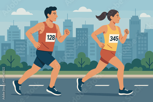 City marathon. Man and woman running. Urban race. Runners competition. Athletic people. Jogging for fitness. Healthy lifestyle. Sports event. Outdoor activity. Exercise. Vector illustration.