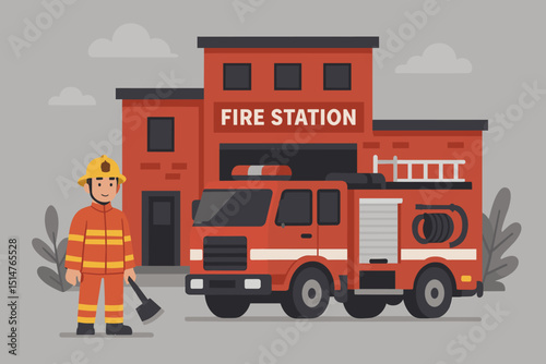 Fire station building with firetruck and firefighter character illustration. Emergency services, public safety, rescue department concept. Vector graphic for professional protection services.
