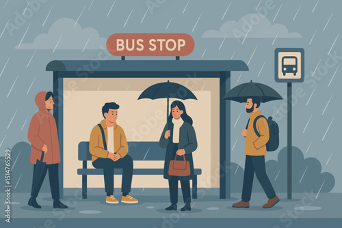 People waiting at bus stop in rainy weather. Commuters with umbrellas under shelter during downpour. Public transport scene with diverse passengers. Urban city lifestyle vector.