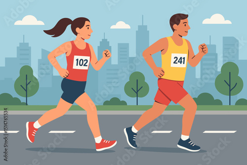 City marathon runners, man and woman competing in urban race. Athletes in sportswear jogging with race numbers. Outdoor fitness, healthy lifestyle, and sports competition concept vector.