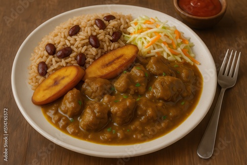 Traditional Guyanese curry goat with rice and peas, plantains, and slaw. AI-generated.