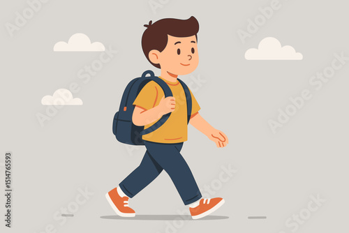 Schoolboy walking with backpack to school. Cute cartoon student, happy child character on educational journey. Elementary kid, pupil learning. Back to school concept vector illustration.