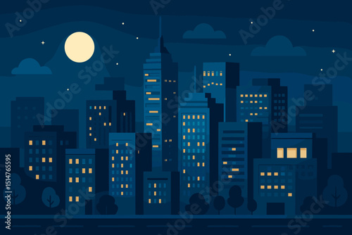 Night cityscape vector illustration. Cartoon urban skyline with glowing windows, full moon, and stars. Dark blue night sky background with buildings. Modern city at night concept.