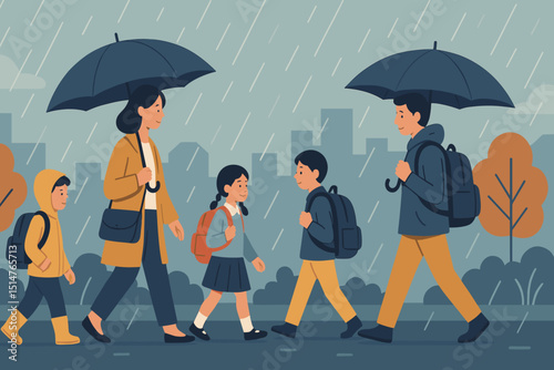 Family walking with children to school under umbrellas during rainy day. Parents and kids in wet weather cityscape. Education, seasonal concept, back to school, togetherness, urban scene.