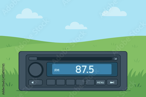 Vintage car radio with FM display showing 87.5 frequency in a flat vector illustration style. Retro audio technology for in-car entertainment, music, and sound on a road trip landscape background.