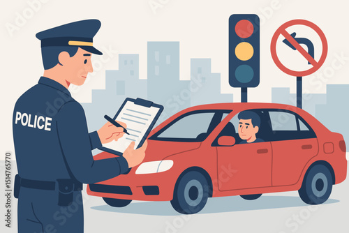 Traffic police officer writing fine ticket to car driver for traffic rule violation. Policeman enforcing road safety regulations. City traffic stop scene with traffic light and sign.