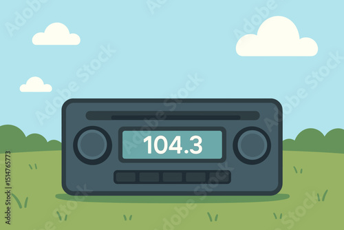 Car radio vector illustration. Vintage dashboard audio stereo system for music and broadcast entertainment. Retro vehicle sound player with frequency display in outdoor landscape scene.
