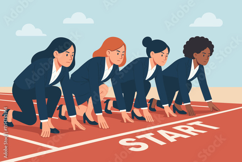 Businesswomen at starting line ready for corporate race. Concept career competition, gender equality, ambition, professional challenge, new beginnings in business. Diverse female team.
