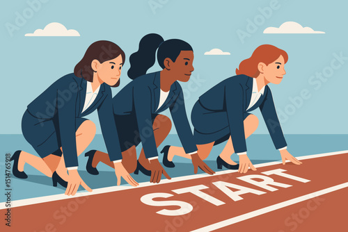 Businesswomen poised at race starting line vector. Diverse professional females in business suits ready for career competition. Concept for ambition, growth, new beginnings, equality.